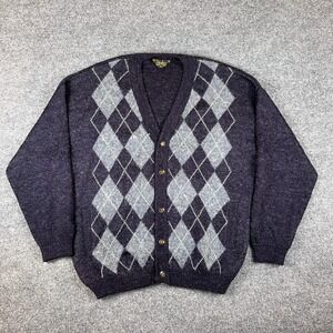 Vintage Tricolux Cardigan Mens M Blue Gray Argyle Fuzzy Angora Mohair Knit 70s